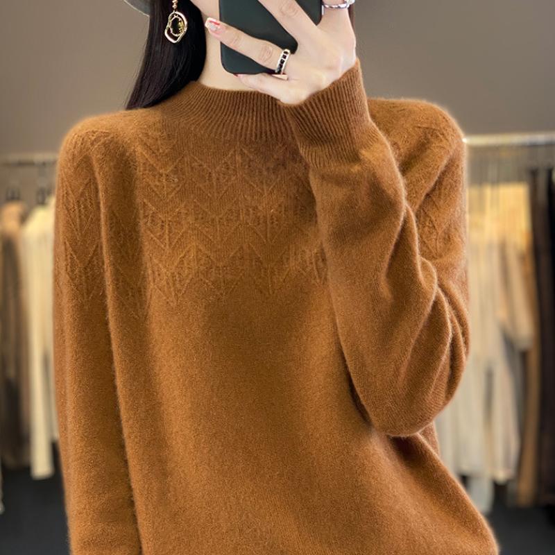 New Autumn and Winter Half-high Neck Hollow Cardigan for Women's First-line Ready-to-wear Skin-friendly and Warm Wool Knitted Base Sweater