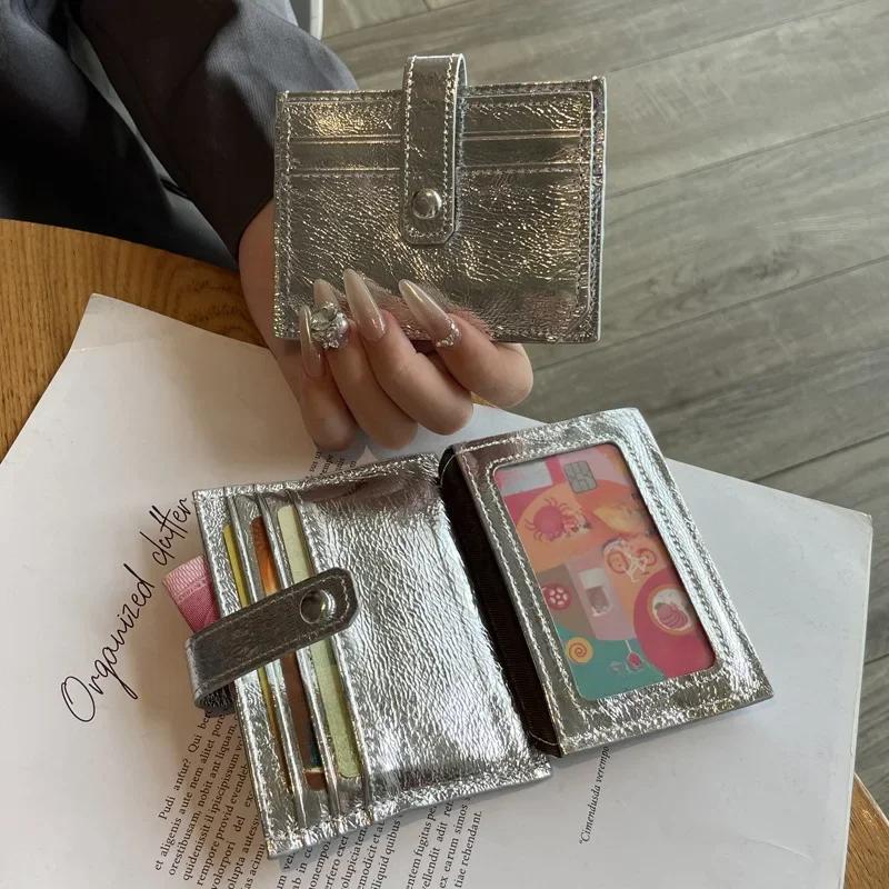 New Fashion Silver Genuine Leather Card Storage Bag Multi-card Slot Ultra-thin Card Holder ID Bag Mini Cute Wallet for Women