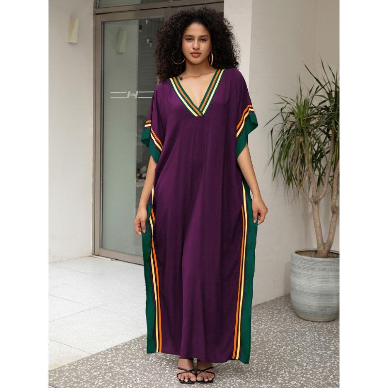 Women's Fashion Summer Spring Solid Color Print 1/2 Sleeves V-Neck Loose Waistline Casual Dresses