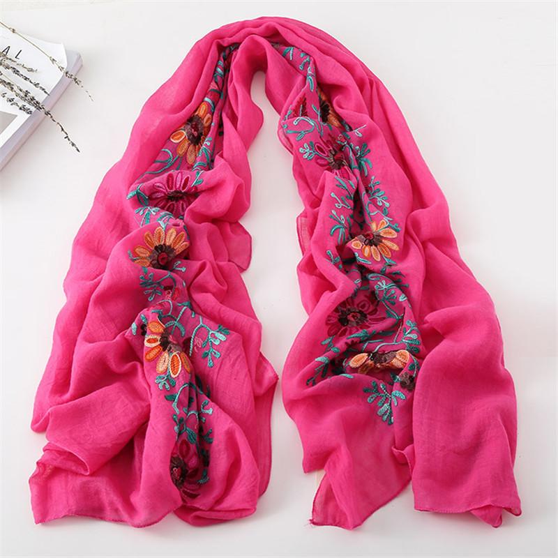 Women Cotton Viscose Shawl Plain Embroider Floral Turban Style Pashmina Wrap Thick Sun Protection Summer Soft Shawl 180*90Cm
