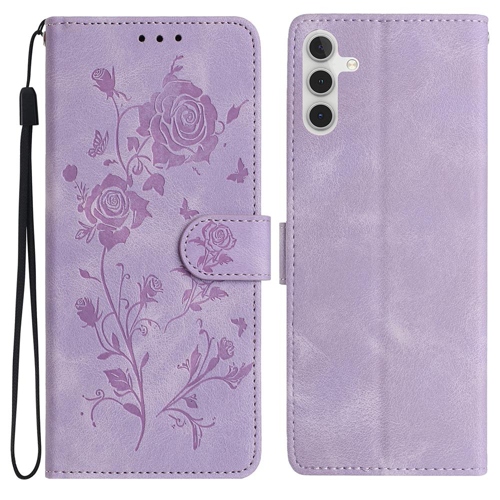 

For Samsung Galaxy A56 5G Wallet Case Rose Pattern Imprinted Leather Flip Stand Phone Cover Light Purple