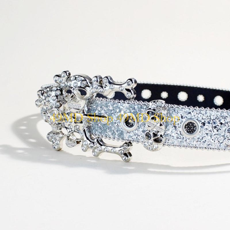 49MD Elegant Crystal Skull Buckle Belt for Women Punk PU Leather Glittering Sequins Designs for Western Cowgirls Lookings