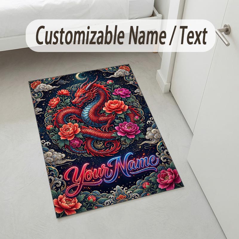 Dragon Phoenix Theme Crystal Velvet Rug Personalized Custom Name Text Soft Floor Mat Home Decor