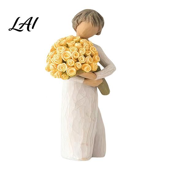 Decorative Bouquet Figurine Girl Holding Resin Figurine Faceless Lady Statue Romantic Desktop Ornament for Flower Statue Living Room Bedroom