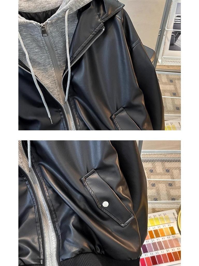 Męska Hipsterska Skórzana Kurtka Motocyklowa z Kapturem PU - Modny Styl Dwuczęściowy