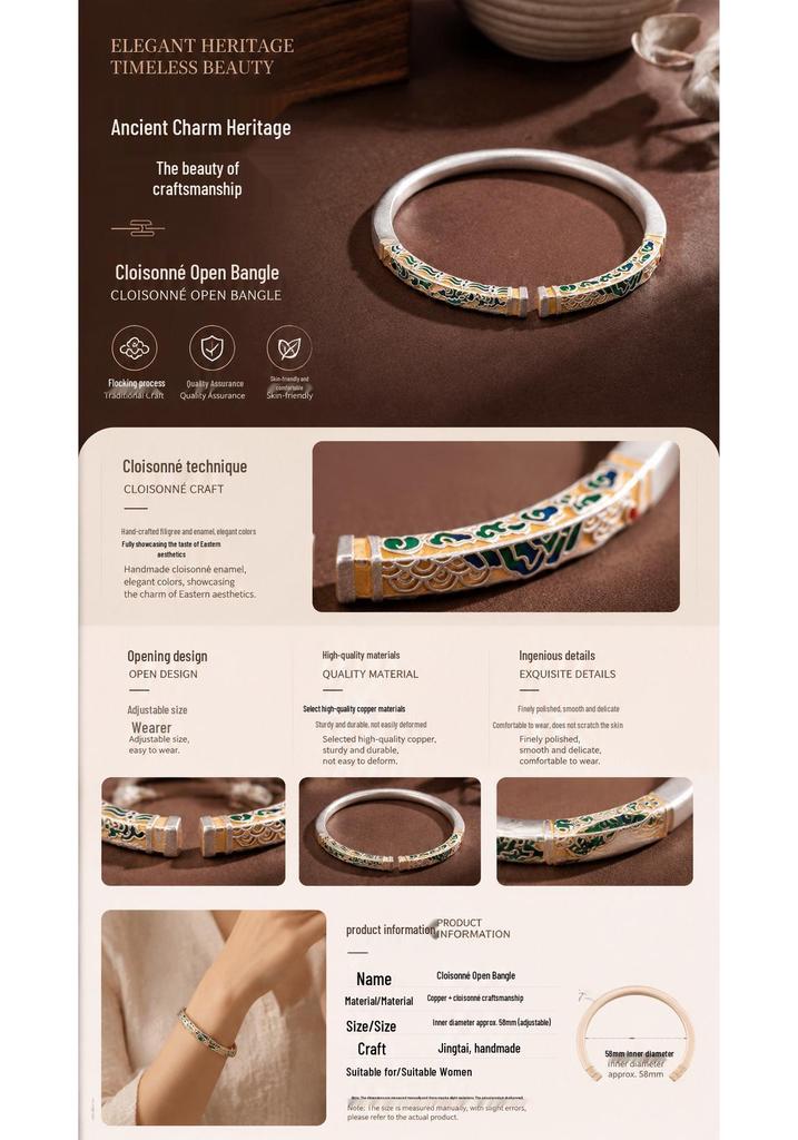 Cloisonné-Email Glückswolken Versilbertes Offenes Armreif - Elegantes Chinesisches Retro-Geschenk für Sie