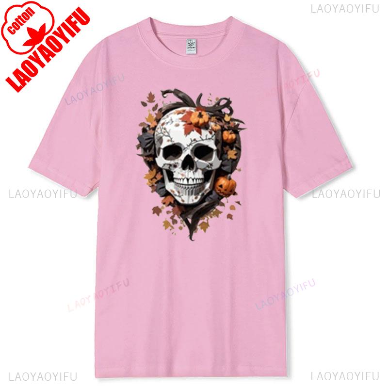 Floral Skull TShirt Boho Wild Flowers Cotton Short Sleeve Summer Casual Tee Gift for Her Stylish Fit Pumpkin Plant Graphic Tops