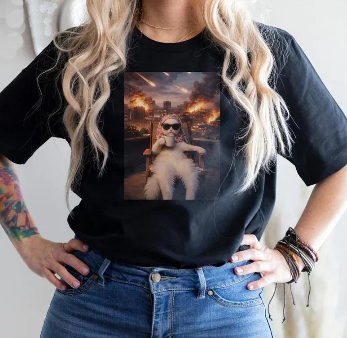 

Funny Apocalypse CaT-Shirt Chill Cat Drinking Coffee Graphic Tee Meme 4XL
