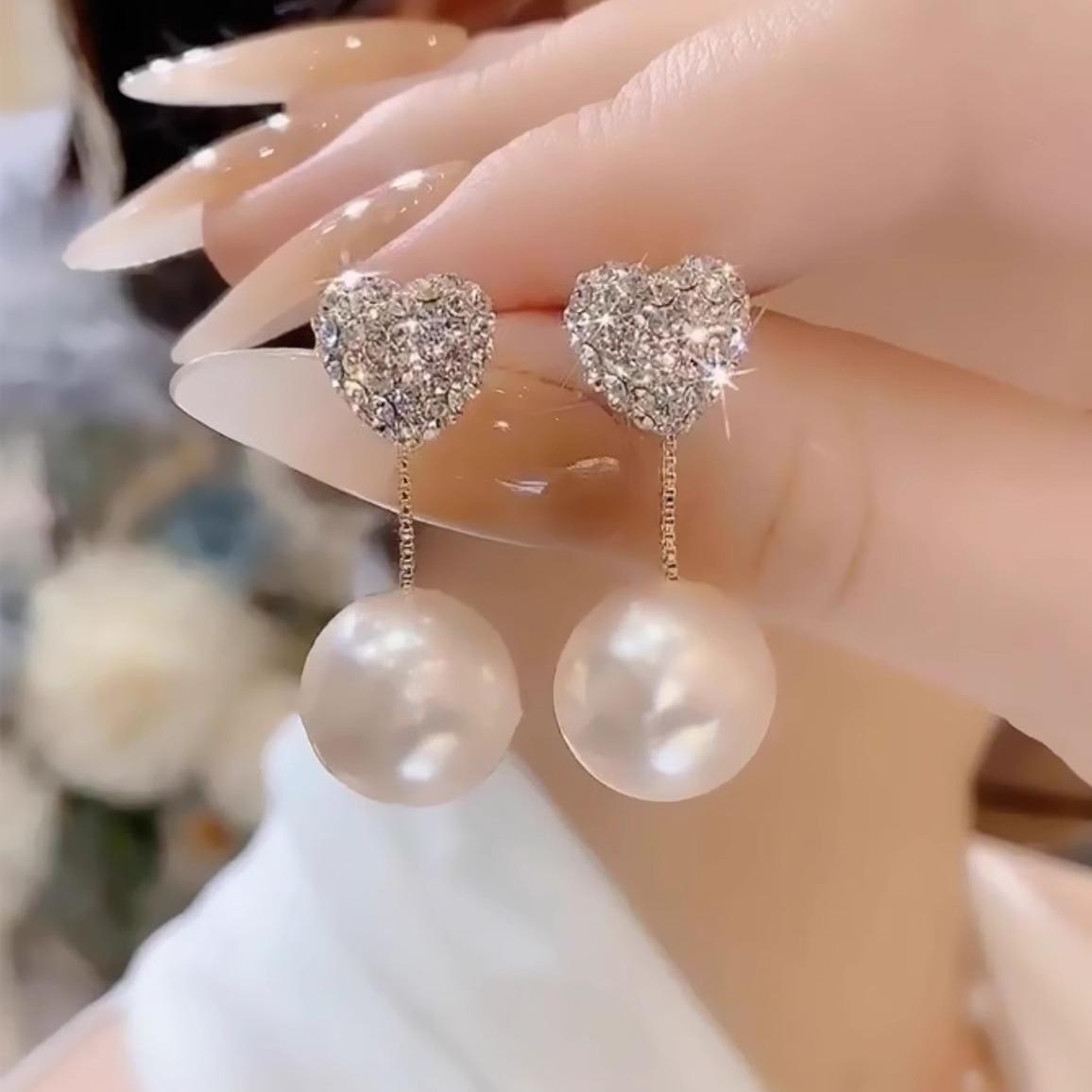 

2023 Versatile Silver Heart & Pearl Earrings: Two-Way Wear with Full Diamond Accent