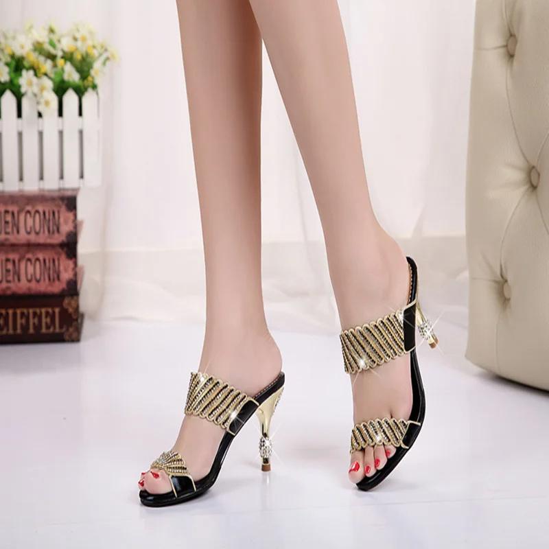 New Summer Womens 2025 Fashion Comfort Elegant Sandals Gold Oneword Diamond Stiletto Heel Medium Heel Rhinestone Sandals