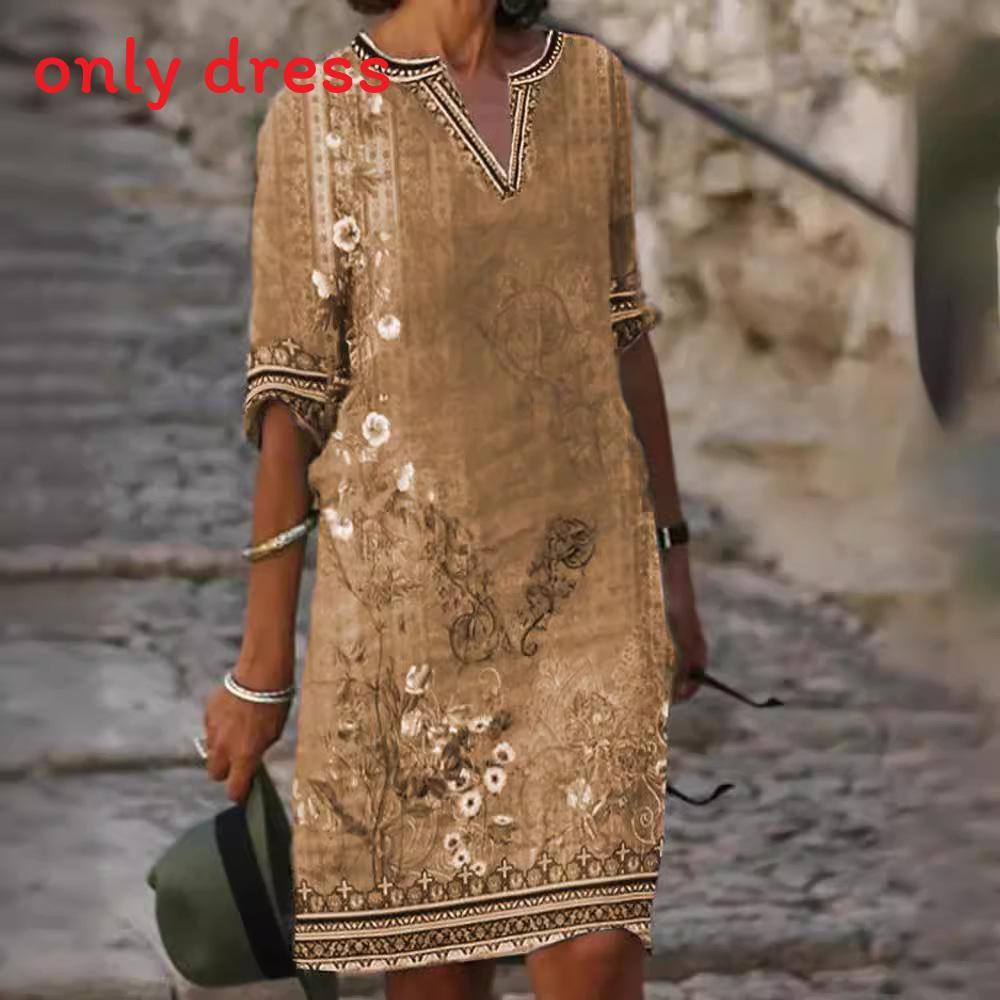 Ethnic Style Floral Print Vneck Dress With Loose Fit For Spring Summer Fashion