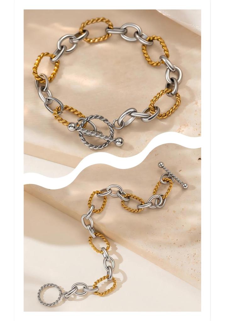 18K Gold Stainless Steel Two-tone Twisted Pattern Cross Chain Bracelet with OT Clasp