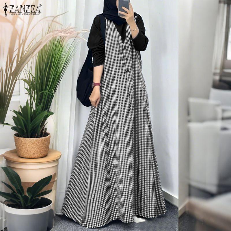 ZANZEA Women Casual Round Neck Long Sleeve Muslim Plaid Long Dress