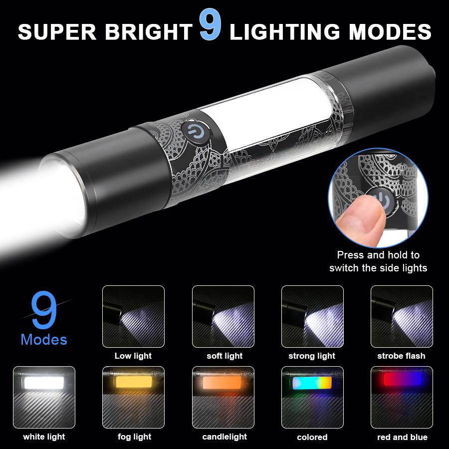 X49 Multifunctional Zoom LED Flashlight Rechargeable COB Camping Lamp  W/ Hammer Hook & Magnet Self-defense Safety Hammer Torch