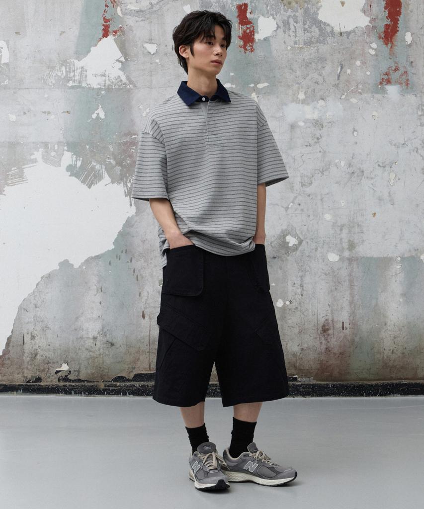 AGOD Contrast Denim Collar Stripe Half T-Shirt [Gray]