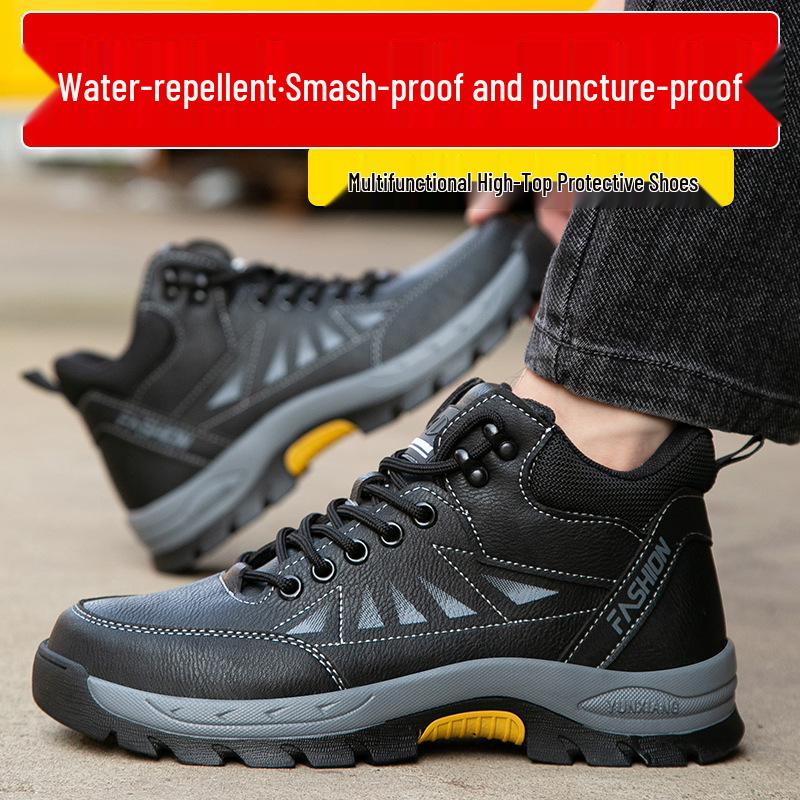 Men's High-Top Safety Shoes: Anti-Smash, Anti-Puncture, Warm Velvet Lining, Ideal for Long Standing, Autumn/Winter Ready.