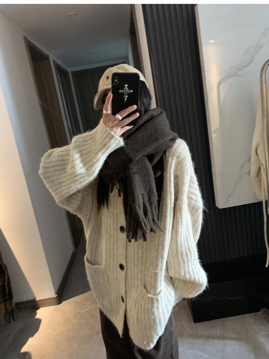 

Women s Korean-Style Gray Soft High-Neck Cardigan: Autumn/Winter Loose Mid-Length Knit Outerwear Large