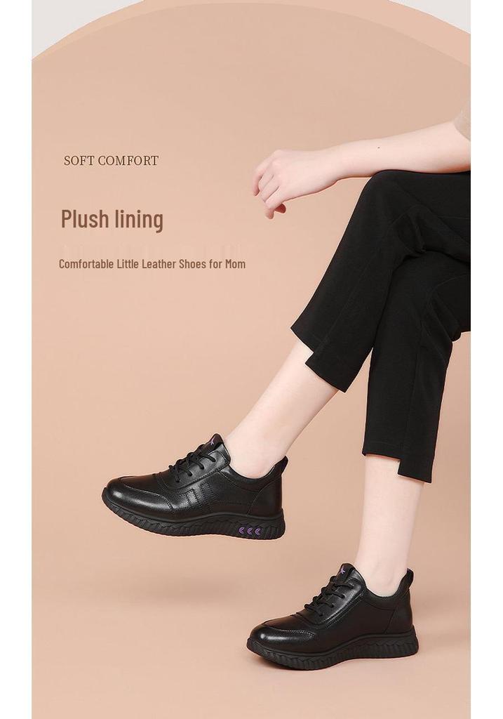 Red Dragonfly Women's Leather Athletic Shoes - Autumn/Winter Casual Warm Velvet for Elderly Mothers
