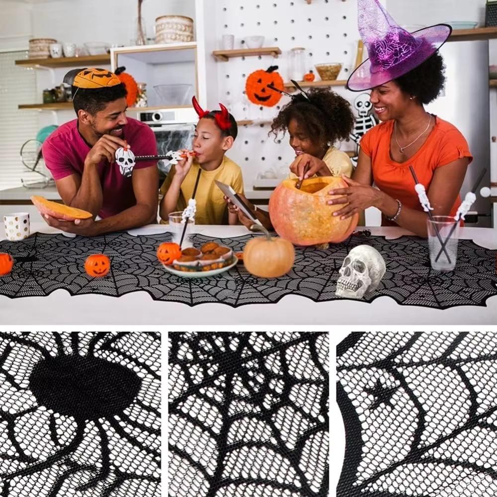 Mesh Spider Web Black Lace Table Runner with Spider Pendant Halloween Table Decoration Halloween