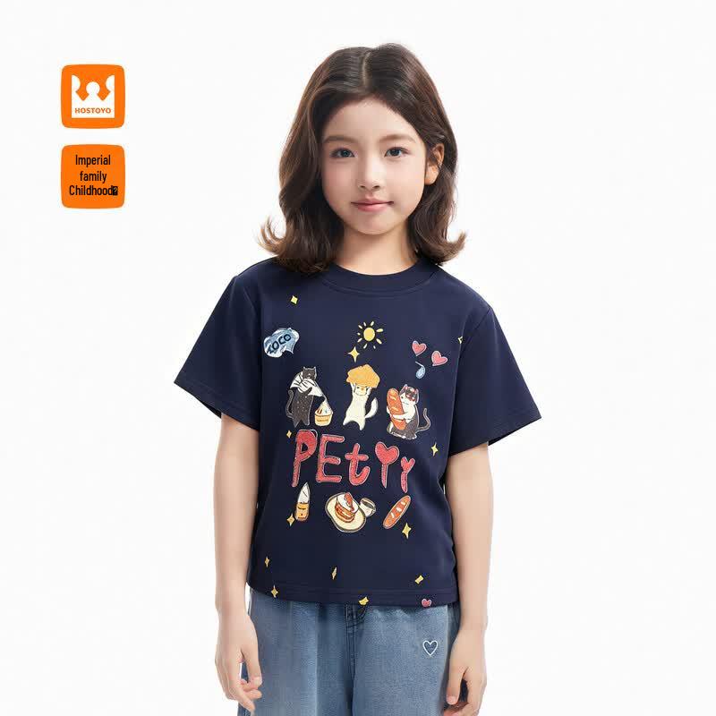 Girls  Cute Cat Print Short-Sleeve T-Shirt 130