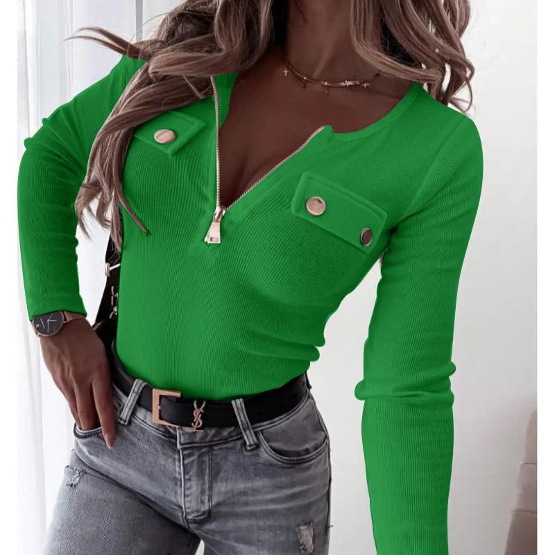 

Модный вязаный облегающий пуловер с длинным рукавом, топ-футболка на молнии XXL зелёный