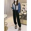 New Collar Contrasting Color Design Denim Splicing Knitted Sweater Cardigan Age-reducing Top Women's Autumn Clothing
