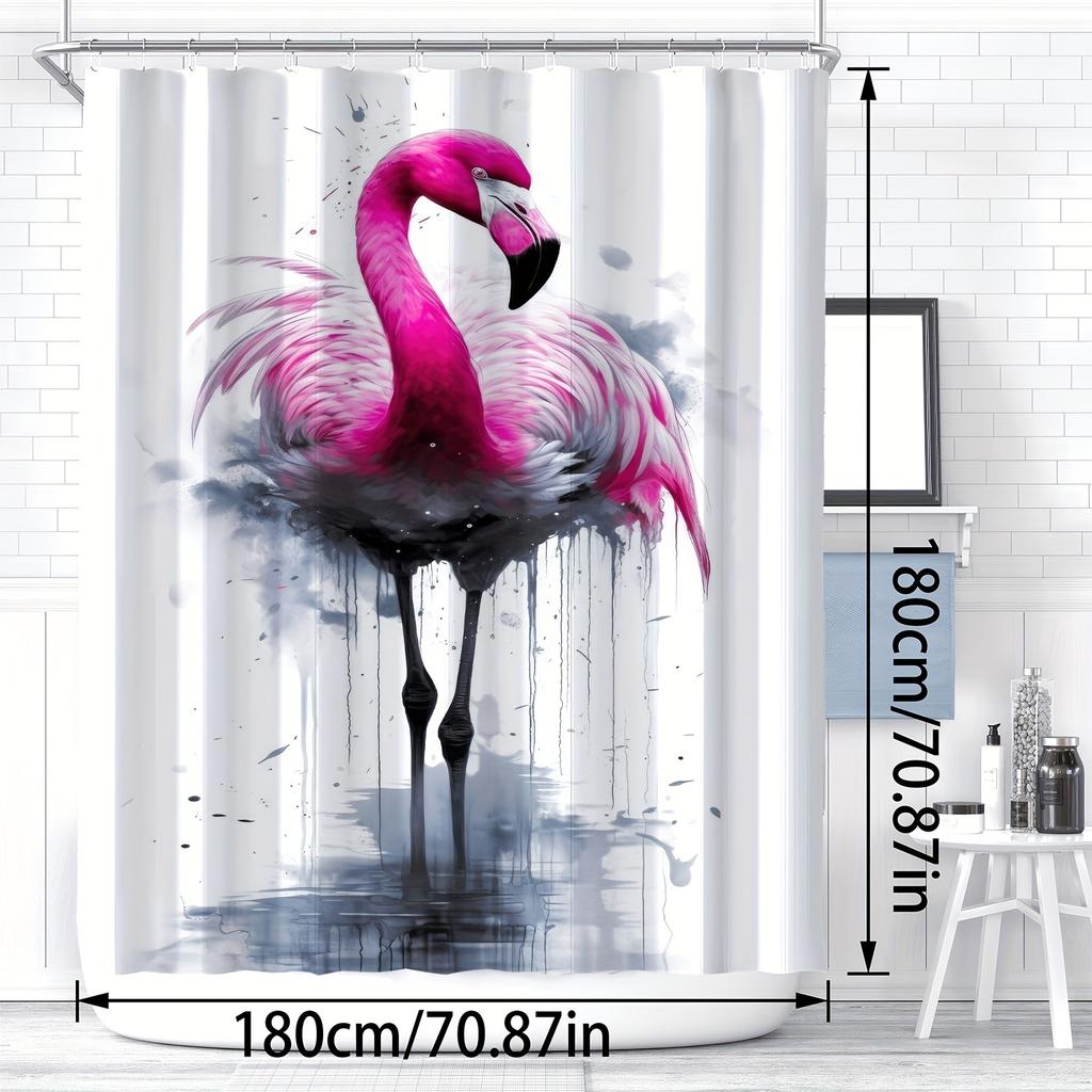 1pc Modern Flamingo Art Print Shower Curtain - High Quality Polyester, Vibrant Pink & Red Design with Hooks, Stylish Bathroom