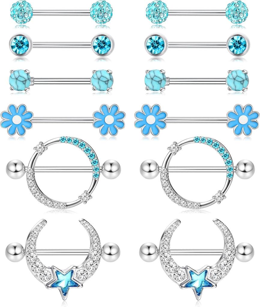 Bobisty 6 Pairs 14G Nipple Rings Set for Women 316L Stainless Steel Heart Butterfly Moon CZ Flower Nipple Rings Piercing Jewelry