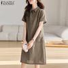 ZANZEA Women Turn Down Collar Casual Short Sleeve Grid Print Dress