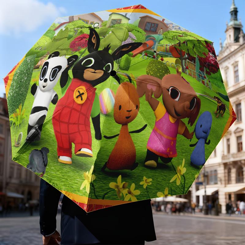 rabbit Bing Friends Garden Party Automatic Folding Umbrella - 8-Rib Travel Umbrella with Auto Open/Close & Portable Gifts for holidays or birthdays