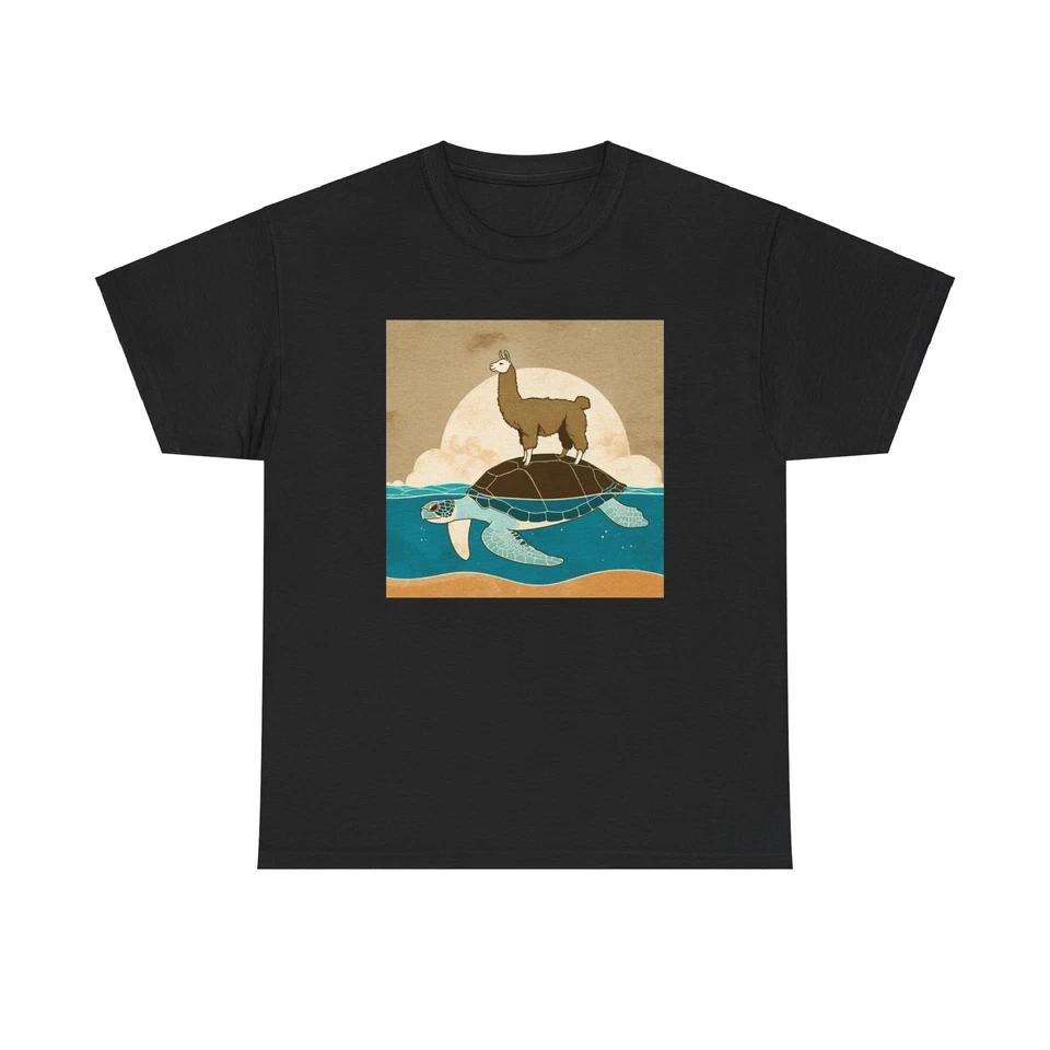 Unisex Adult T Shirt Vintage Style Llama Riding a Sea Turtle Funny Animal Quirky 4XL