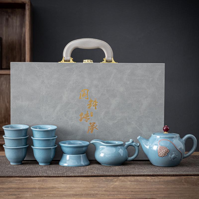 High-grade ceramic Kung Fu tea set, creative ice crack glaze, Ge kiln opening, household teapot, tea set, business gift