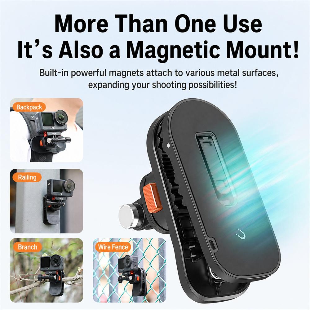 VRIG AC-97 360° Rotatable Backpack Clip for DJI Action 6/5 Pro/4/3 Insta360 Ace Pro 2 Mini BallHead Mount for Outdoor Photograph