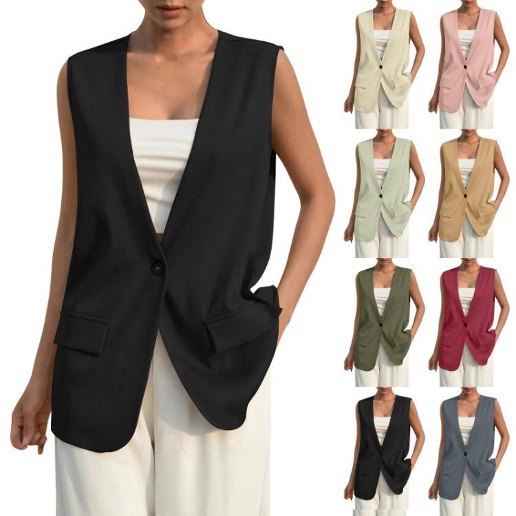 Women's Casual Summer Work Suit Vest Sleeveless V Neck Single Button Solid Color Jacket