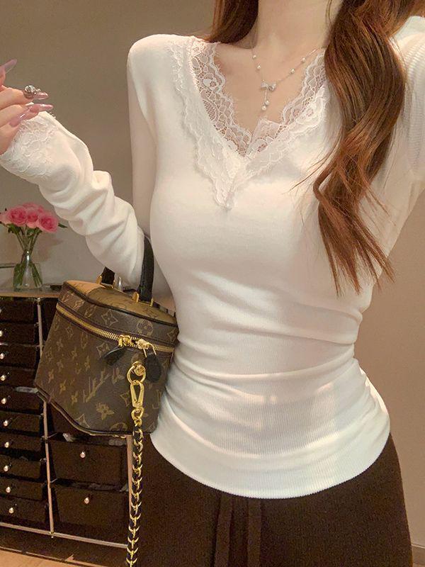 Miu Style Women's Lace Spliced V-Neck T-Shirt - Warm Base Layer for Autumn/Winter