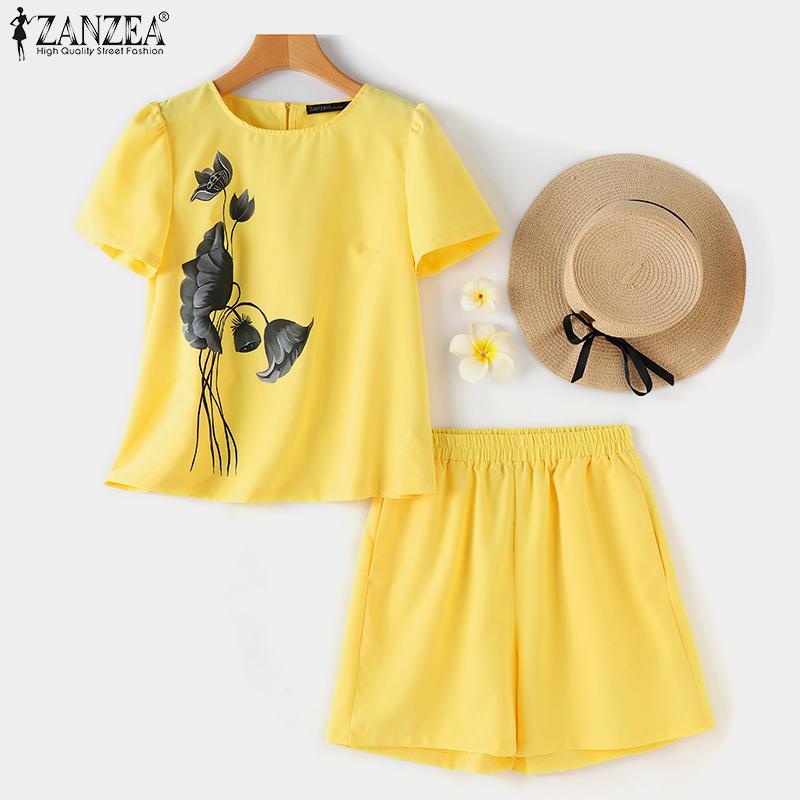 

ZANZEA Женские повседневные комплекты из блузки и шорт с принтом из двух предметов S хаки