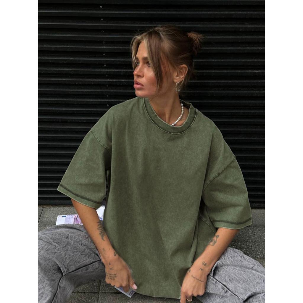 Baumwolle Retro T-Shirt Herren Damen Vintage Kurzarm Wachsdruck T-Shirts Einfarbig Hip Hop Locker Tees Übergröße