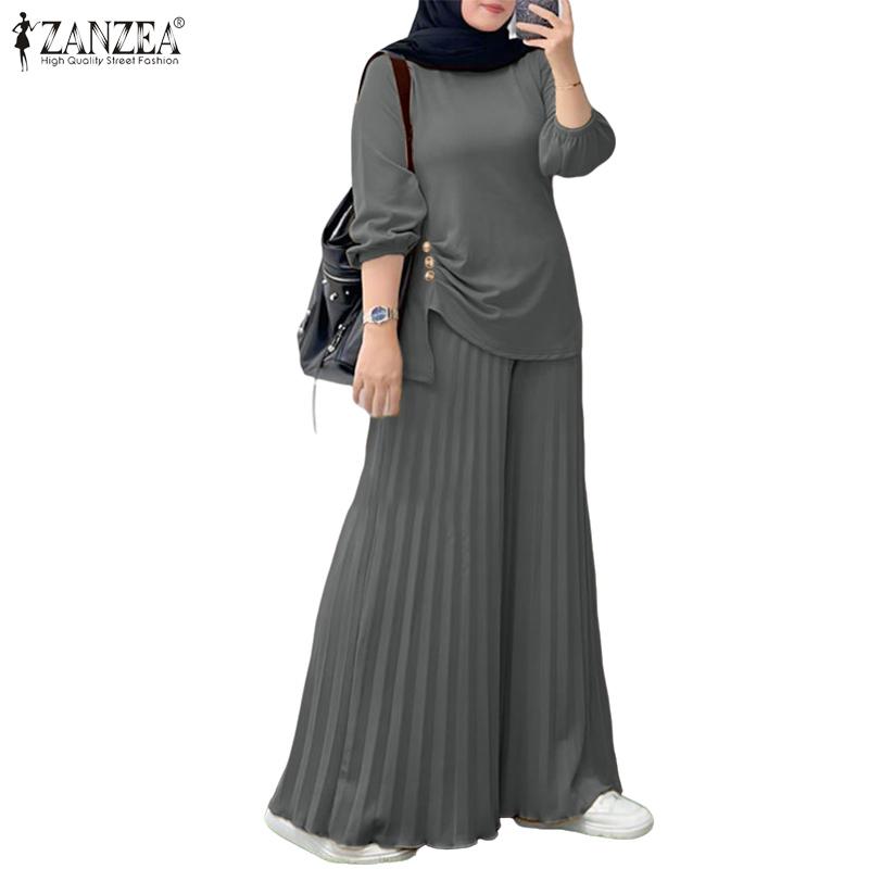 ZANZEA Blusa de Manga Larga para Mujer y Pantalones de Pierna Ancha Conjuntos Casuales de Dos Piezas