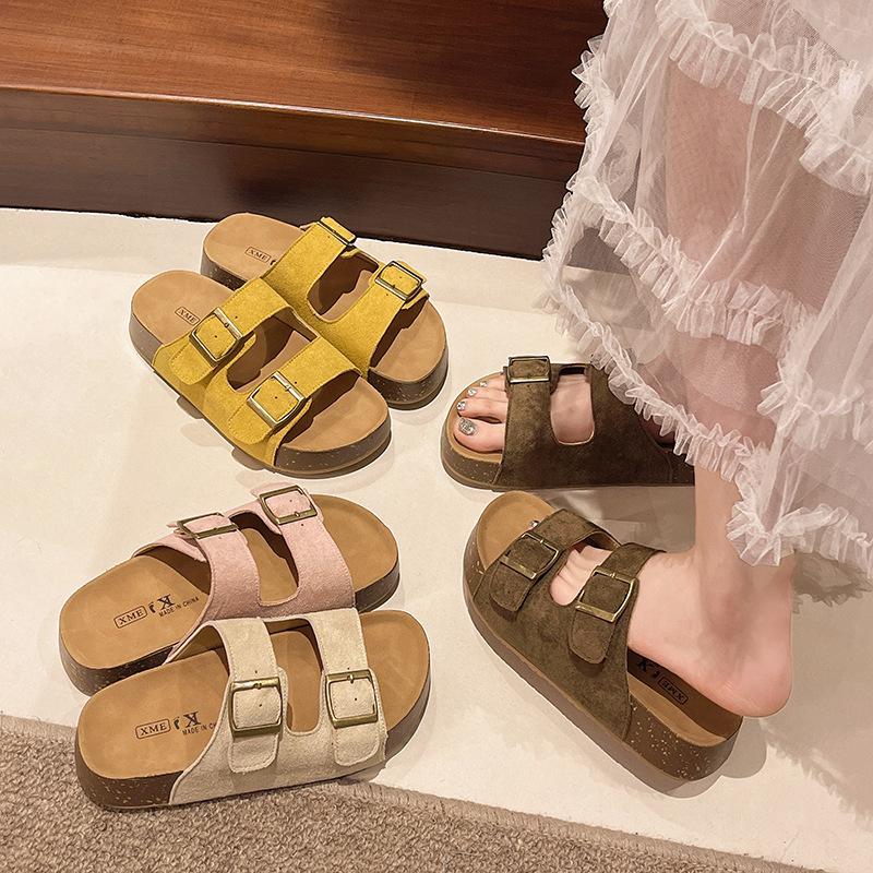 Platform Double Buckle with One-word Slippers Women's Shoes Wear 2025 New Retro Versatile Fashion Casual Beach Slippers