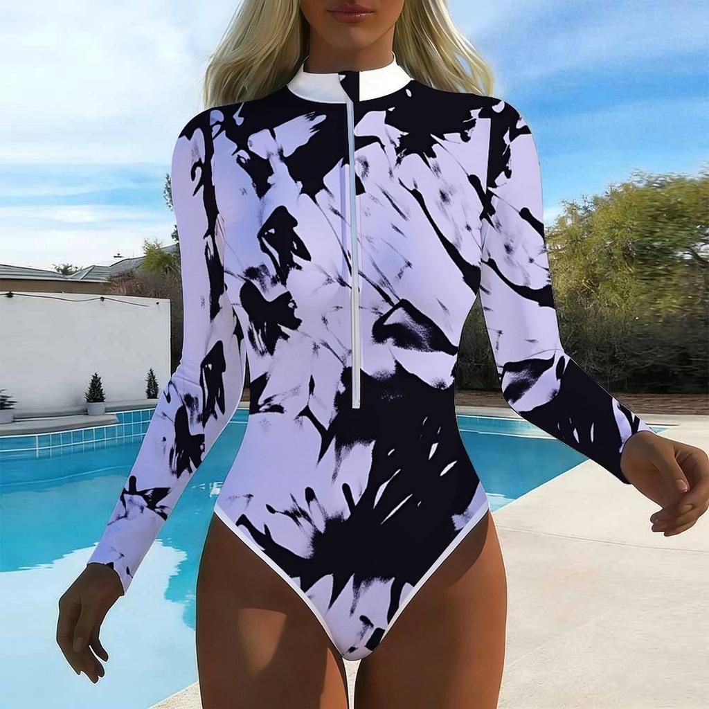Women Long Sleeve One Piece Swimsuit Zip Front  Tie-dye Paint Print Rash Guard Surfing Bathing Suit