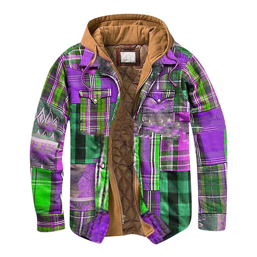 Gestepptes, gefüttertes, kariertes Button-Down-Hemd für Herren. Mit Samt versehen, um warm zu bleiben. Jacke mit Kapuze(Nicht positionierendes Drucken)