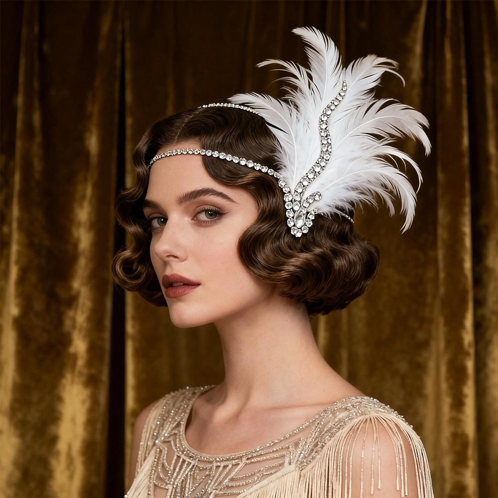 Vintage Cosplay Dress Headwear Crystal 1920s Hair Accessories Feather Headband Stage Performance
