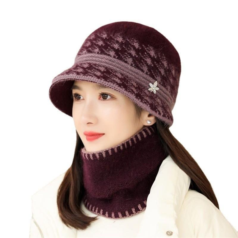 Knitted Hat Set For Middleaged Women Winter Warm Plush Flower Petal Design Outdoor Travel
