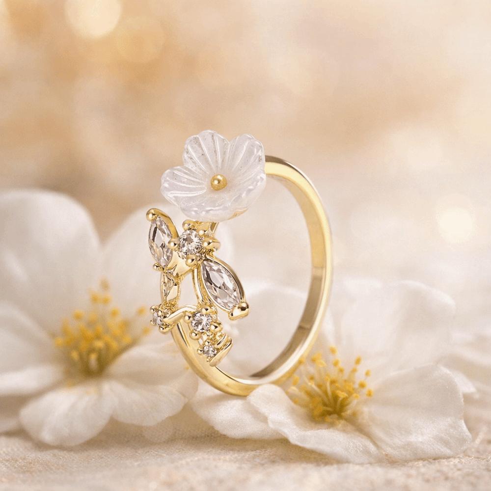 Adjustable Flower Crystal Ring Leaf Design Finger Jewelry Delicate Flower Opening Ring  Anniversary