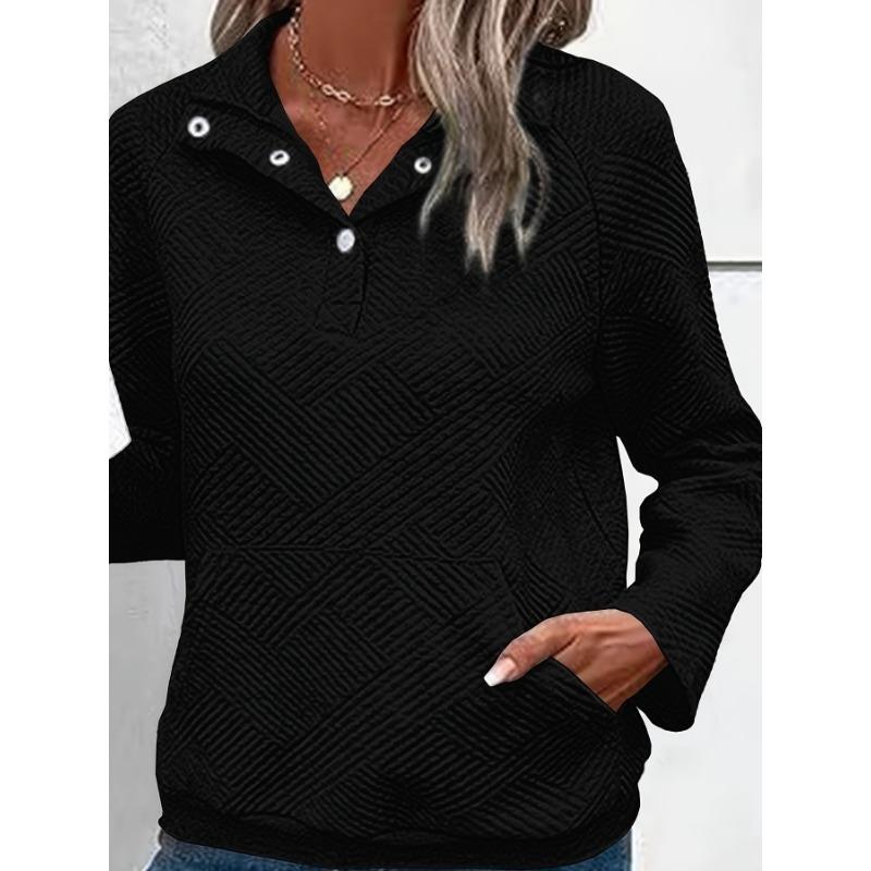 Buttoned Collar Long Sleeve Solid Texture Casual Women S Sweatshirt