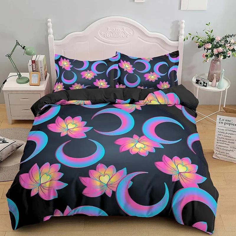 İskandinav Tarzı Nevresim Takımı Kral Kraliçe Boyutu Yıldız Ay Desenli Çocuklar Gençler Yetişkinler için Çiçekler Polyester Yorgan Kılıfı