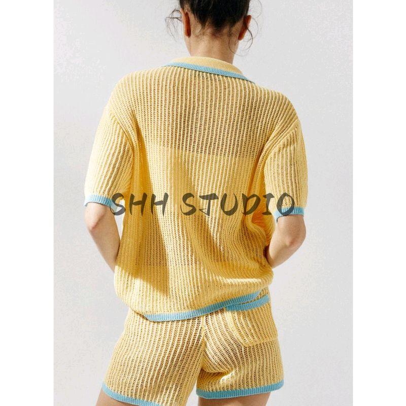 Simple Knitting Polo Collar Short Sleeve Jacket 3920260 Knitted High Waist Casual Shorts 3920261