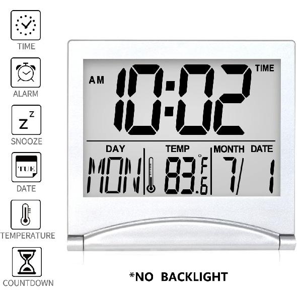 Betus Digital Travel Alarm Clock - Foldable Calendar Temperature Timer LCD Clock with Snooze Mode - Large Number Display, Battery Operated - Compact