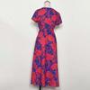 Women Summer High Waist A Line Dress Ethnic Printed Short Sleeve Lace Up