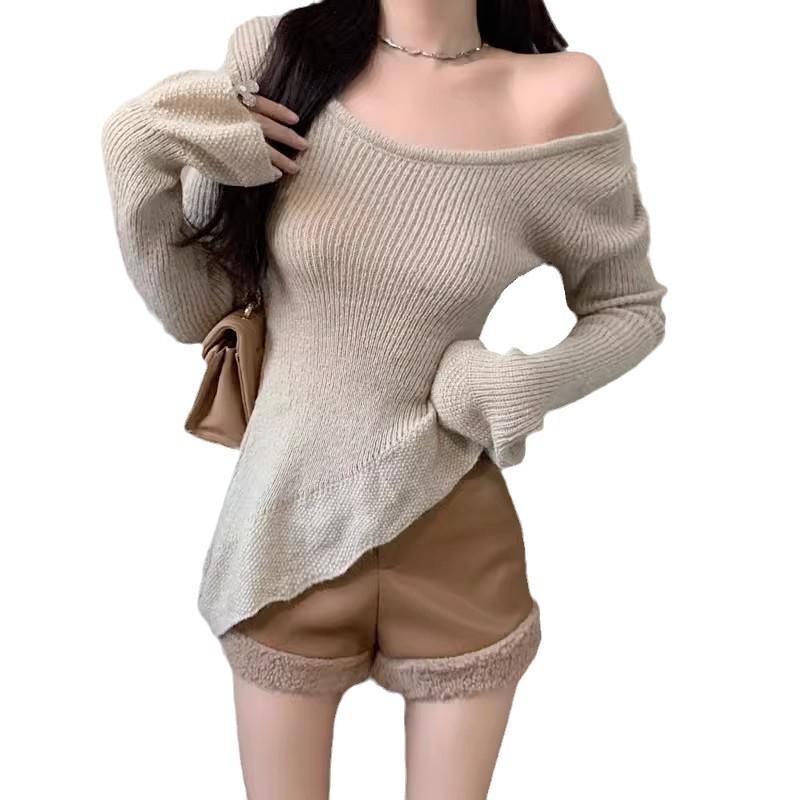 2025 Autumn/Winter PU Leather Patchwork Furry High-Waisted Slimming Women's Shorts